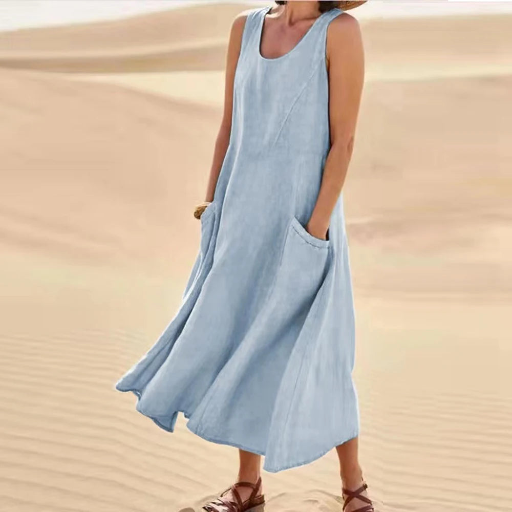 Sleeveless Linen Maxi Dress with Pockets – Vohran