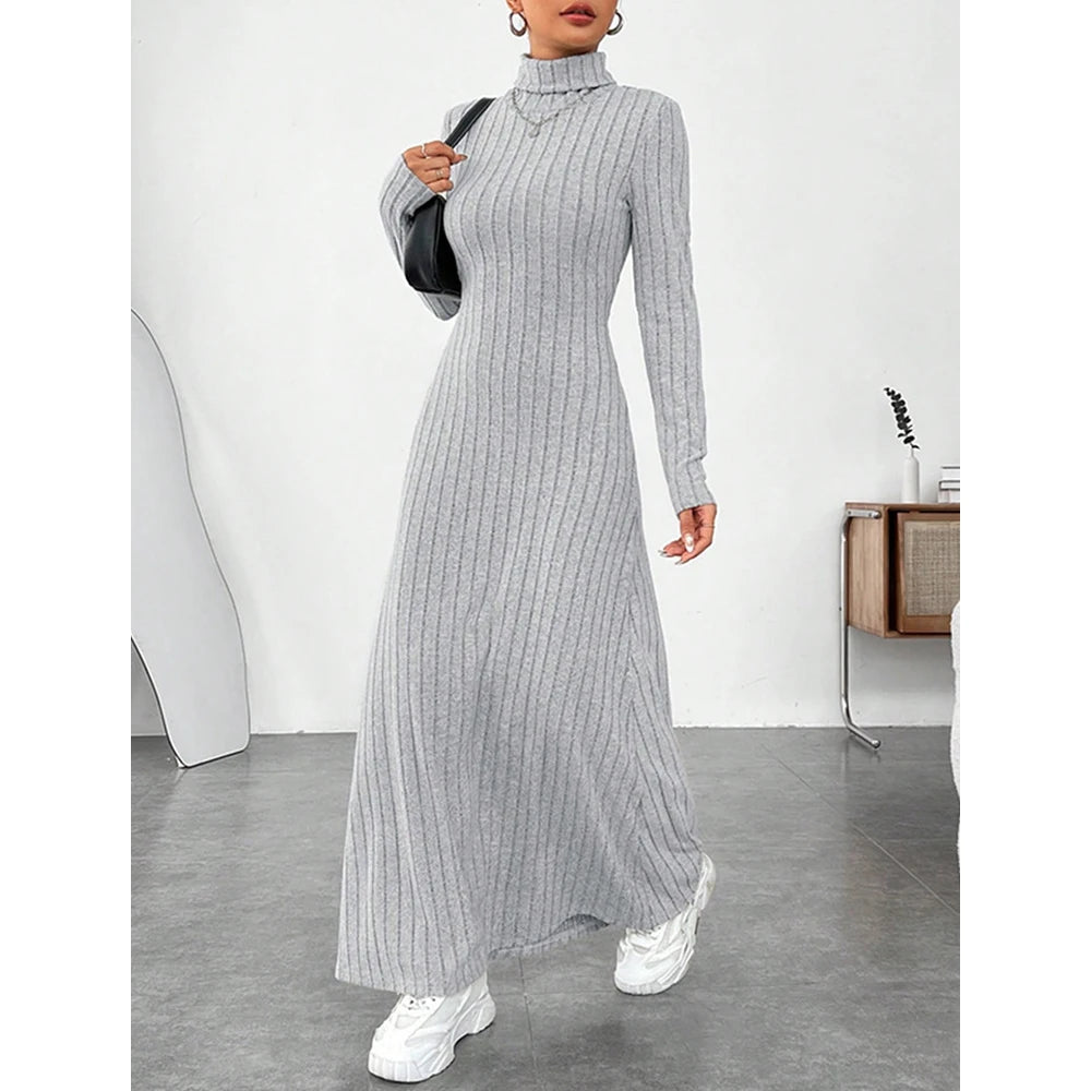 Ribbed High-Neck Knit Maxi Dress