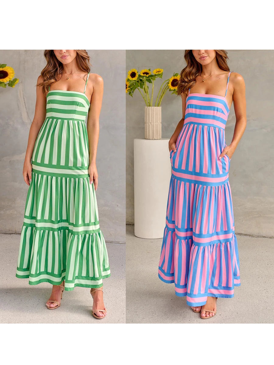 Striped Maxi Dress with Spaghetti Straps – Summer Elegance