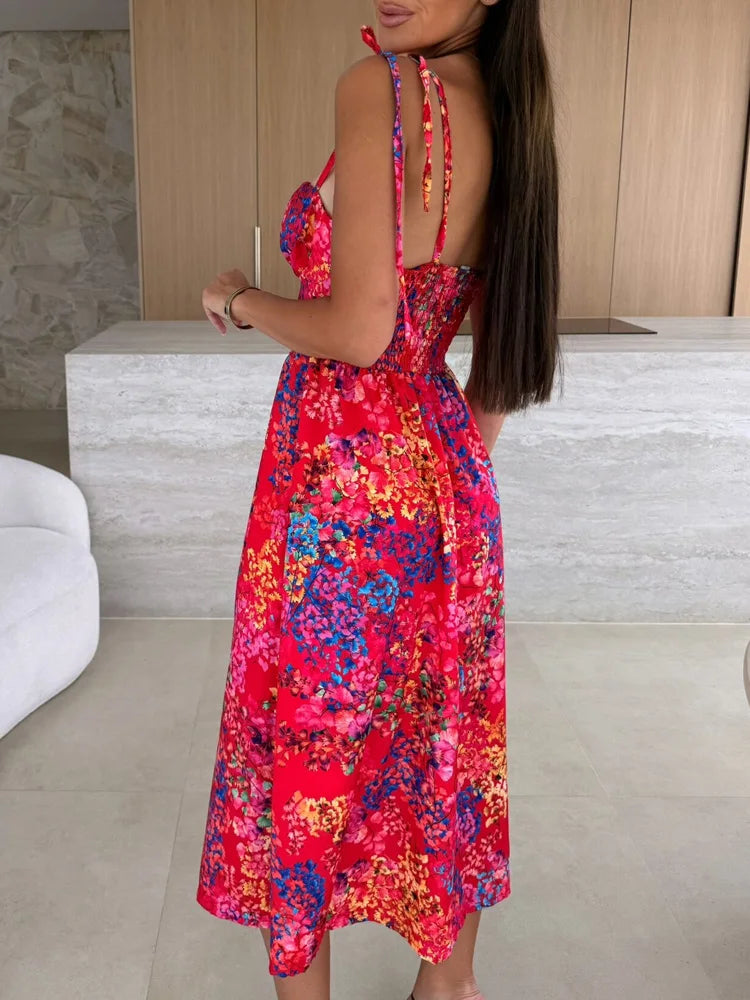 Tropical Print Midi Dress with Tie Straps