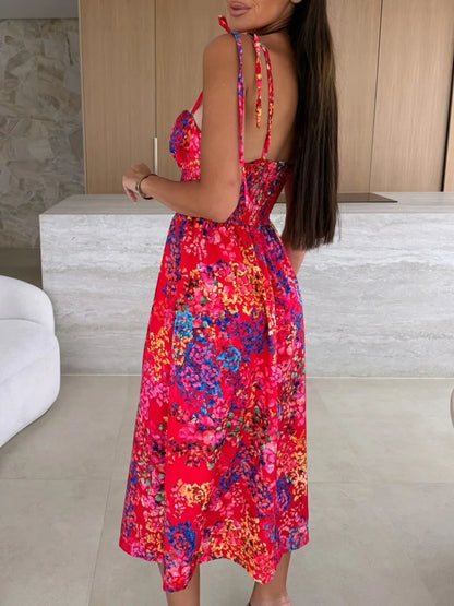Tropical Print Midi Dress with Tie Straps