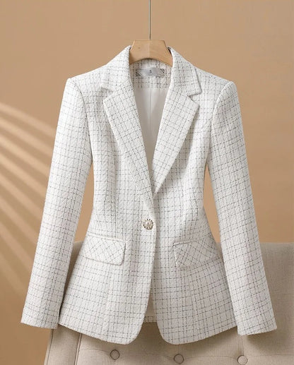Elegant White Checkered Blazer Jacket for Women