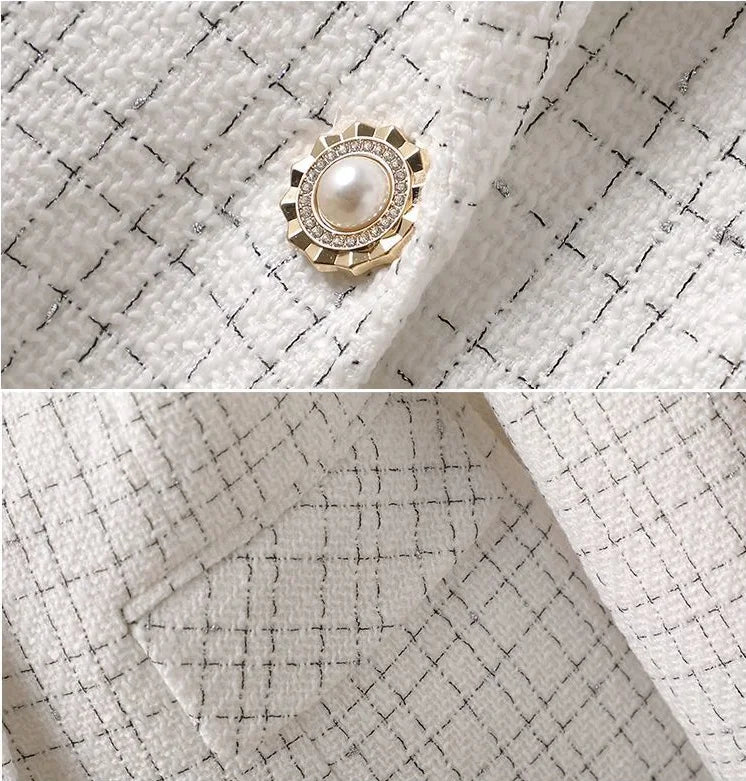 Elegant White Checkered Blazer Jacket for Women