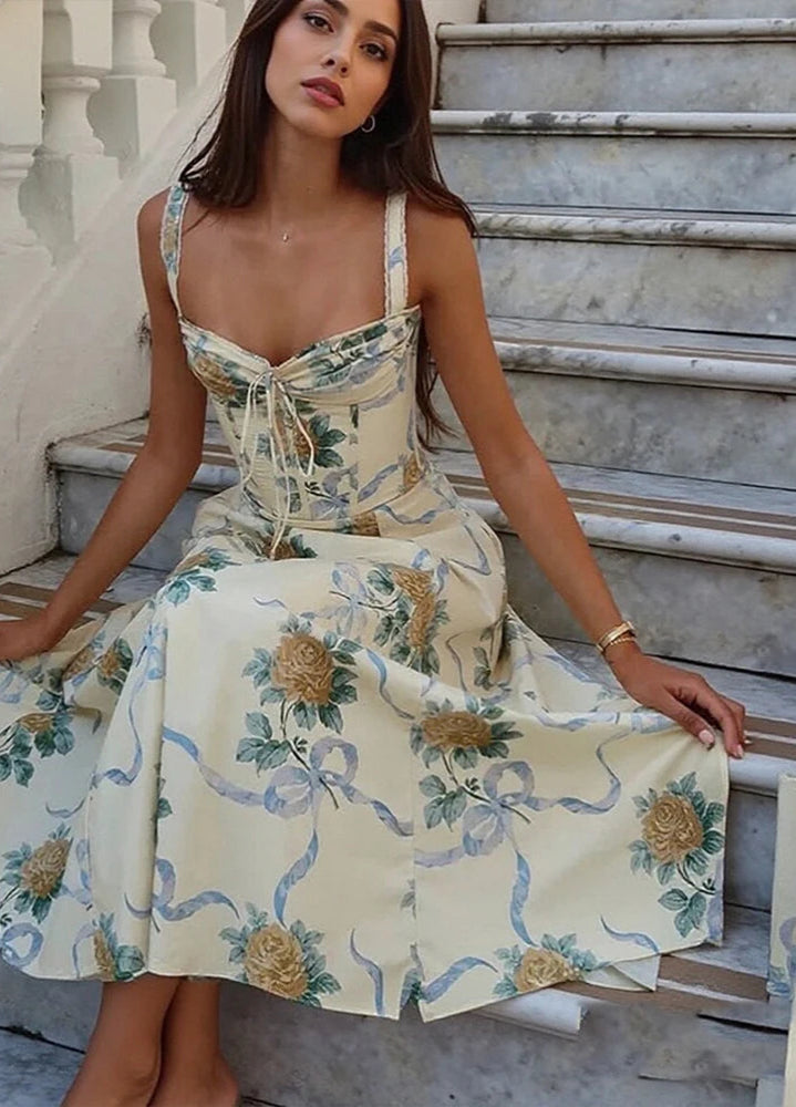 Floral Midi Dress with Corset Bodice