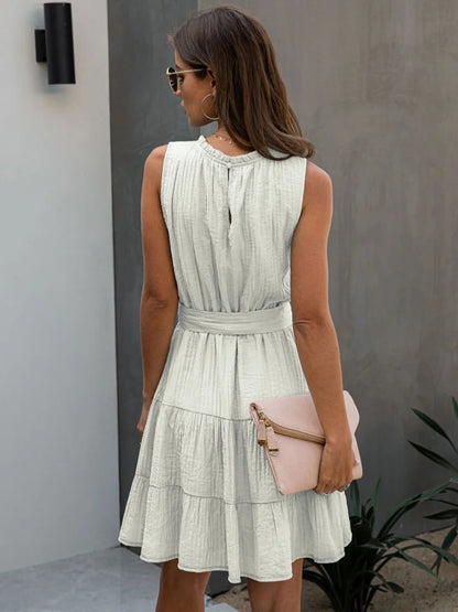 White Sleeveless Mini Dress with Waist Tie – Summer Elegance