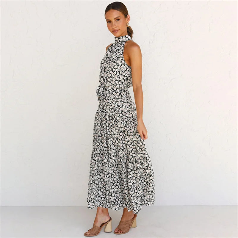 Floral Print Halter Neck Maxi Dress with Waist Tie – Elegant Summer Style