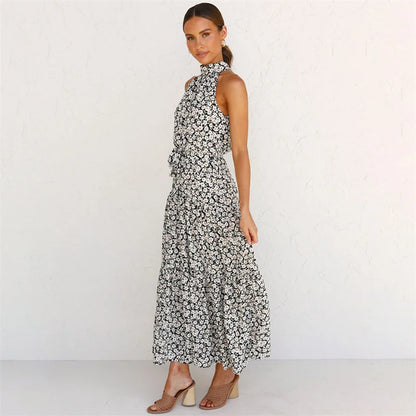 Floral Print Halter Neck Maxi Dress with Waist Tie – Elegant Summer Style