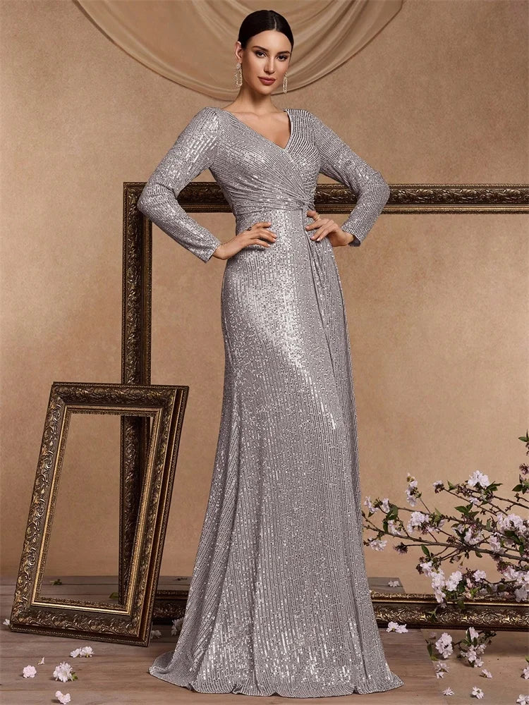 Silver Lumina Draped Sequin Evening Gown