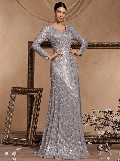 Silver Lumina Draped Sequin Evening Gown