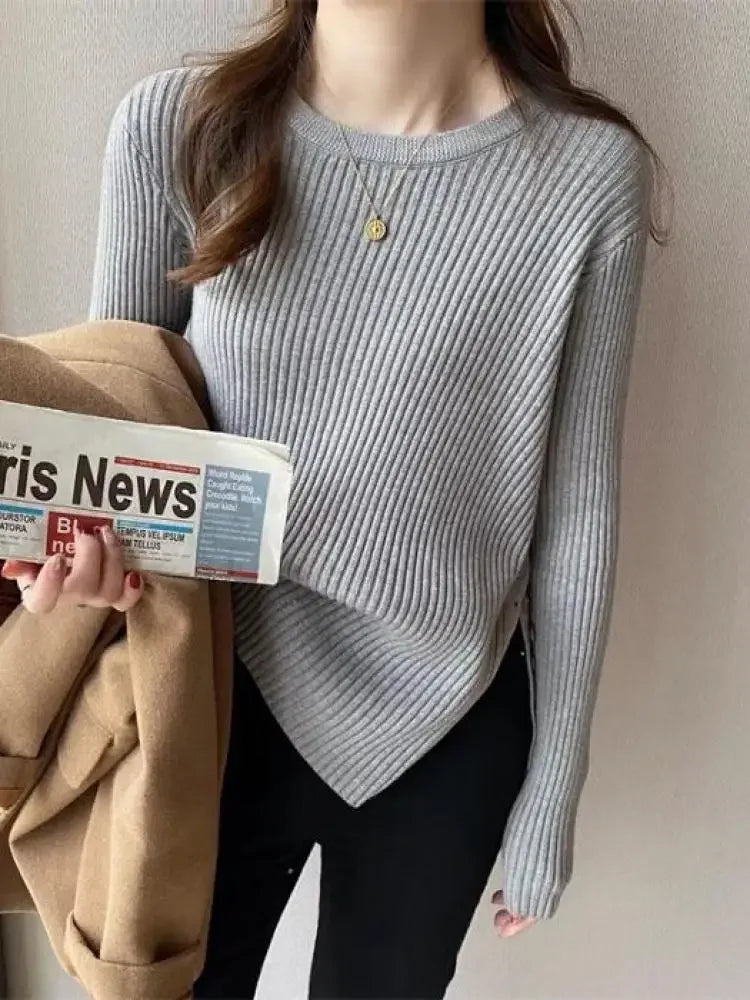 Split-Hem Button Detail Knit Sweater