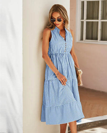 Sleeveless Striped Midi Shirt Dress with Buttons – Casual Summer Elegance