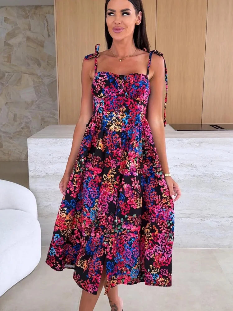 Tropical Print Midi Dress with Tie Straps