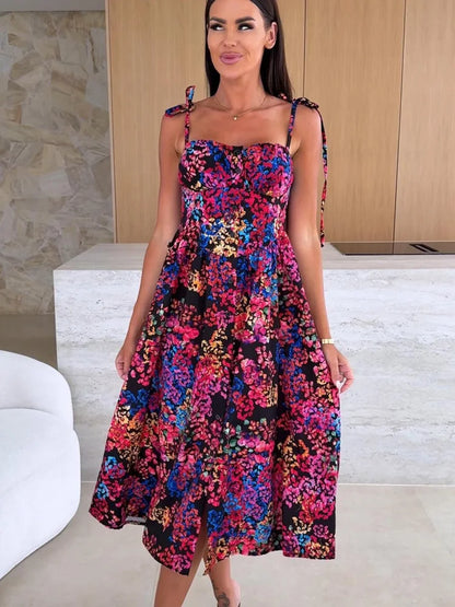 Tropical Print Midi Dress with Tie Straps