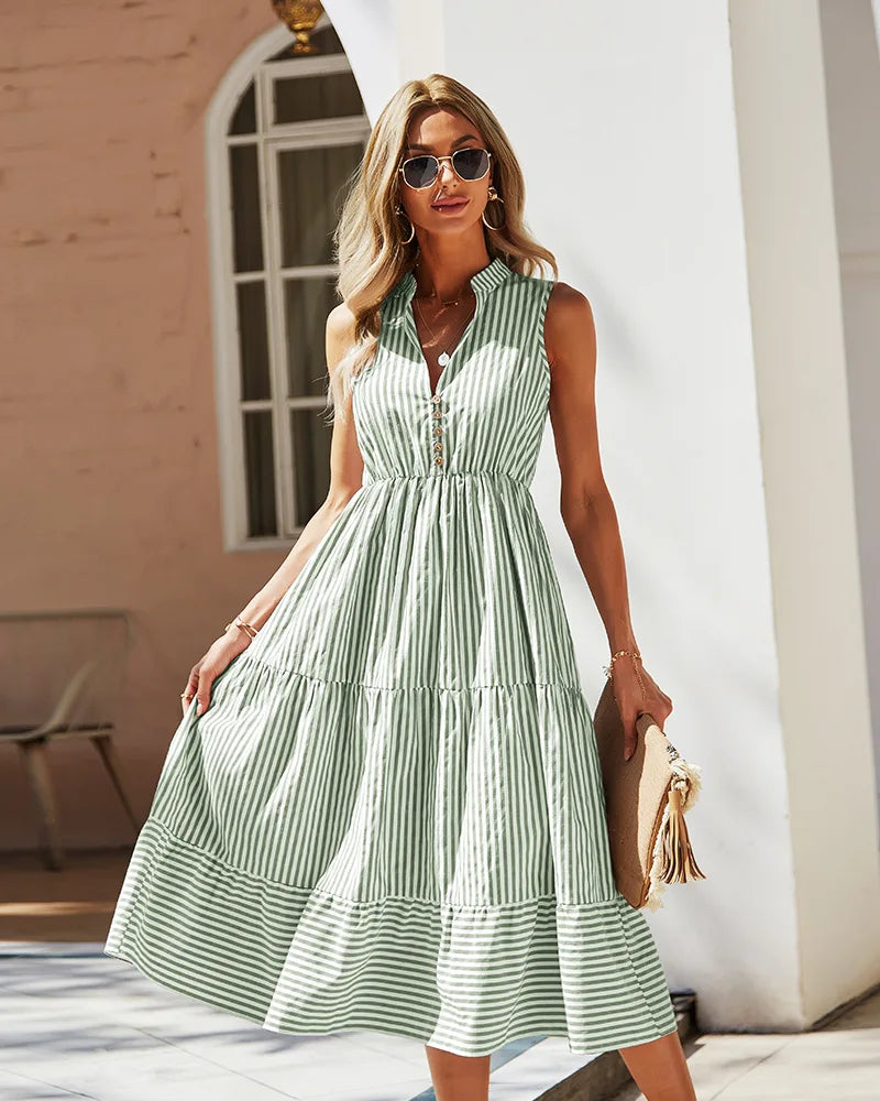 Sleeveless Striped Midi Shirt Dress with Buttons – Casual Summer Elegance