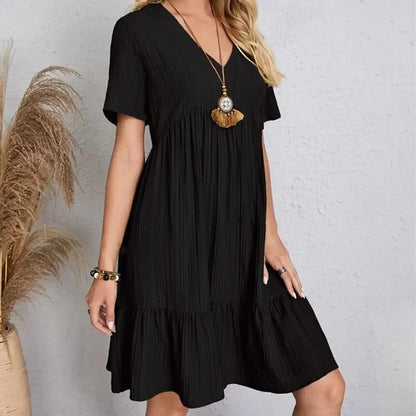 Casual V-Neck Short-Sleeve Dress with Flared Hem – Vohran