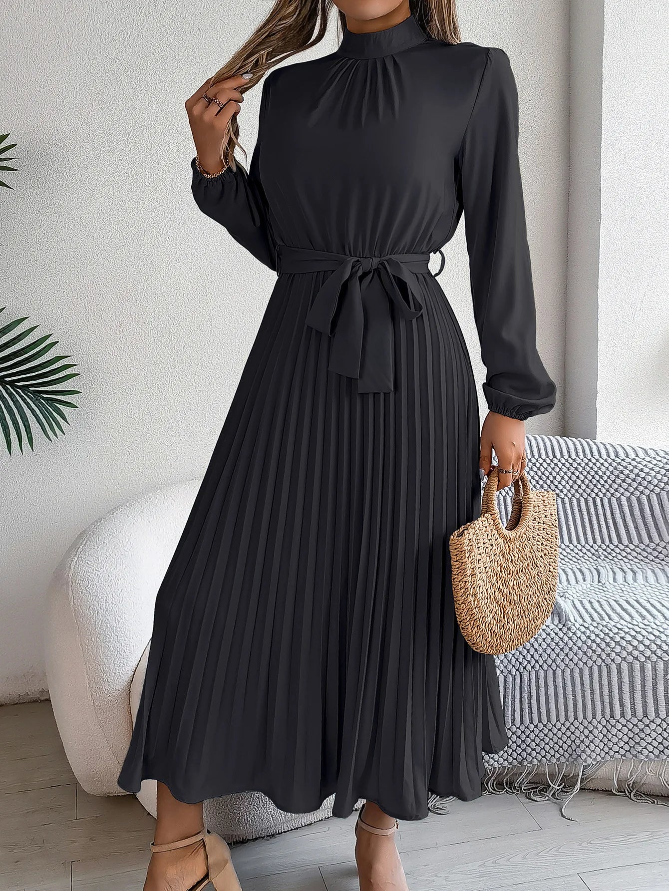 Grace Pleated Belted Midi Dress – Vohran