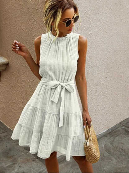 White Sleeveless Mini Dress with Waist Tie – Summer Elegance