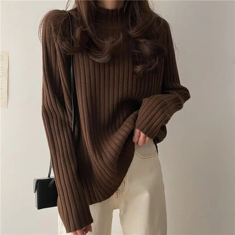 Autumn Winter Fashion All-match Long Sleeve Loose Sweaters Women Clothing Elegant Chic Turtleneck Pullover Casual Solid Knit Top