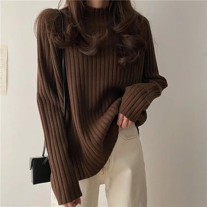 Autumn Winter Fashion All-match Long Sleeve Loose Sweaters Women Clothing Elegant Chic Turtleneck Pullover Casual Solid Knit Top
