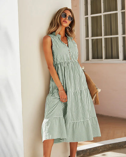 Sleeveless Striped Midi Shirt Dress with Buttons – Casual Summer Elegance