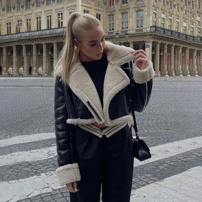 Autumn/winter New Style European American Double-sided Loose Fit Zippered Cropped Jacket Women's Leather One-piece Jacket