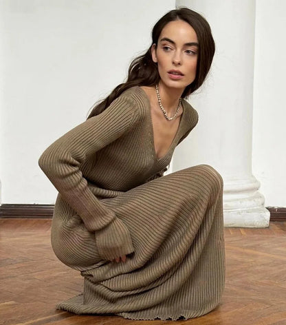 Knitted V-Neck A-Line Midi Dress