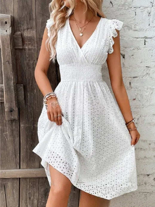 Embroidered Cotton Mini Dress with V-Neck – Feminine Summer Style
