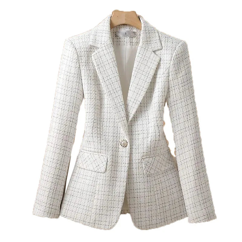 Elegant White Checkered Blazer Jacket for Women