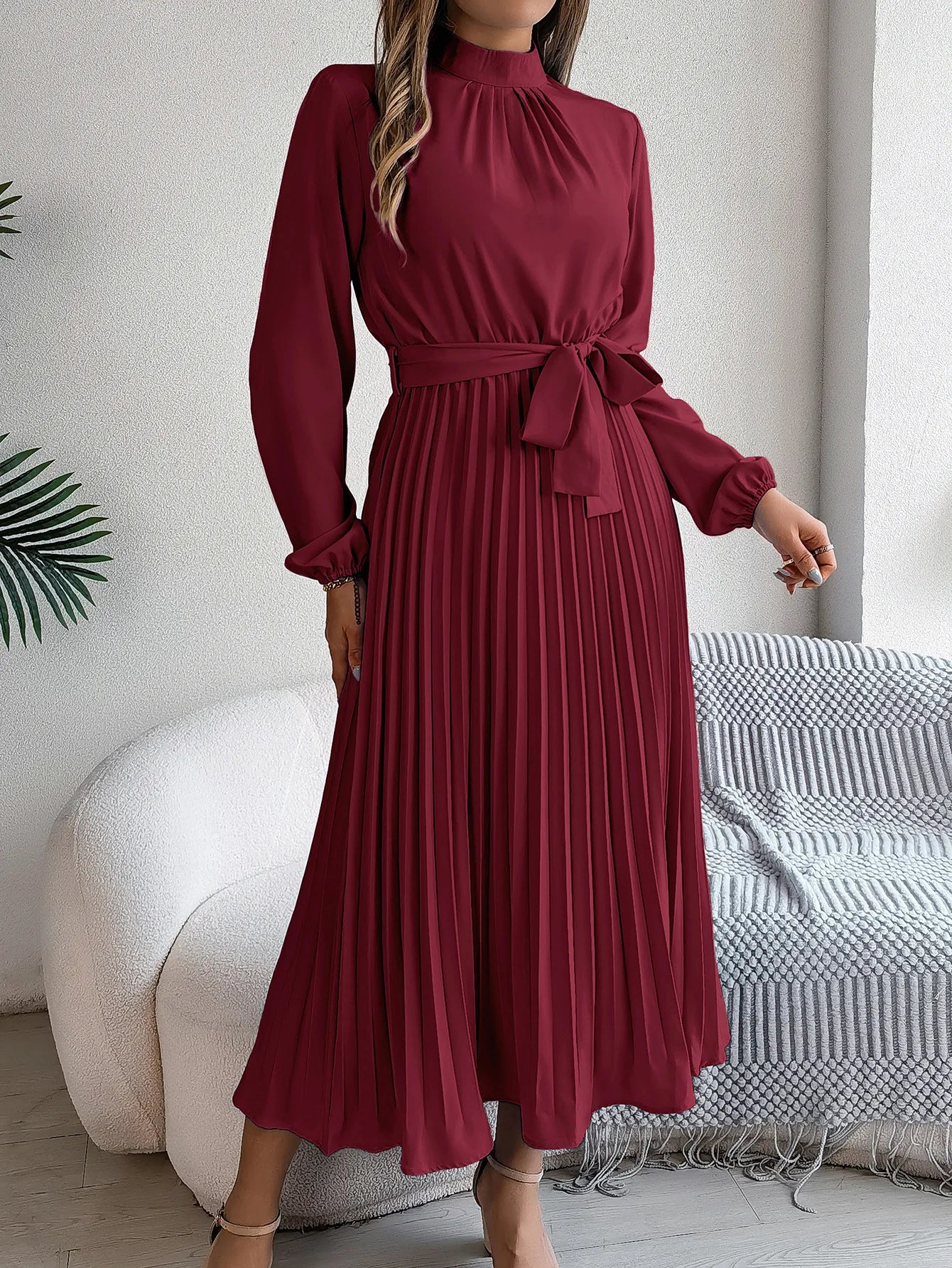 Grace Pleated Belted Midi Dress – Vohran