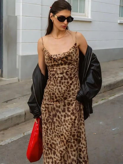 Leopard Print Maxi Dress with Spaghetti Straps