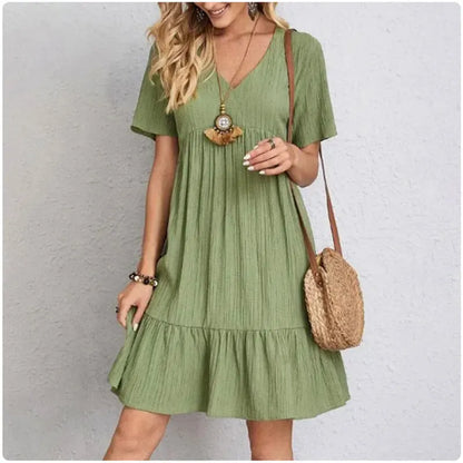 Casual V-neck short-sleeve dress with flared hem, available in olive green, black, white, beige and navy blue – Vohran.
