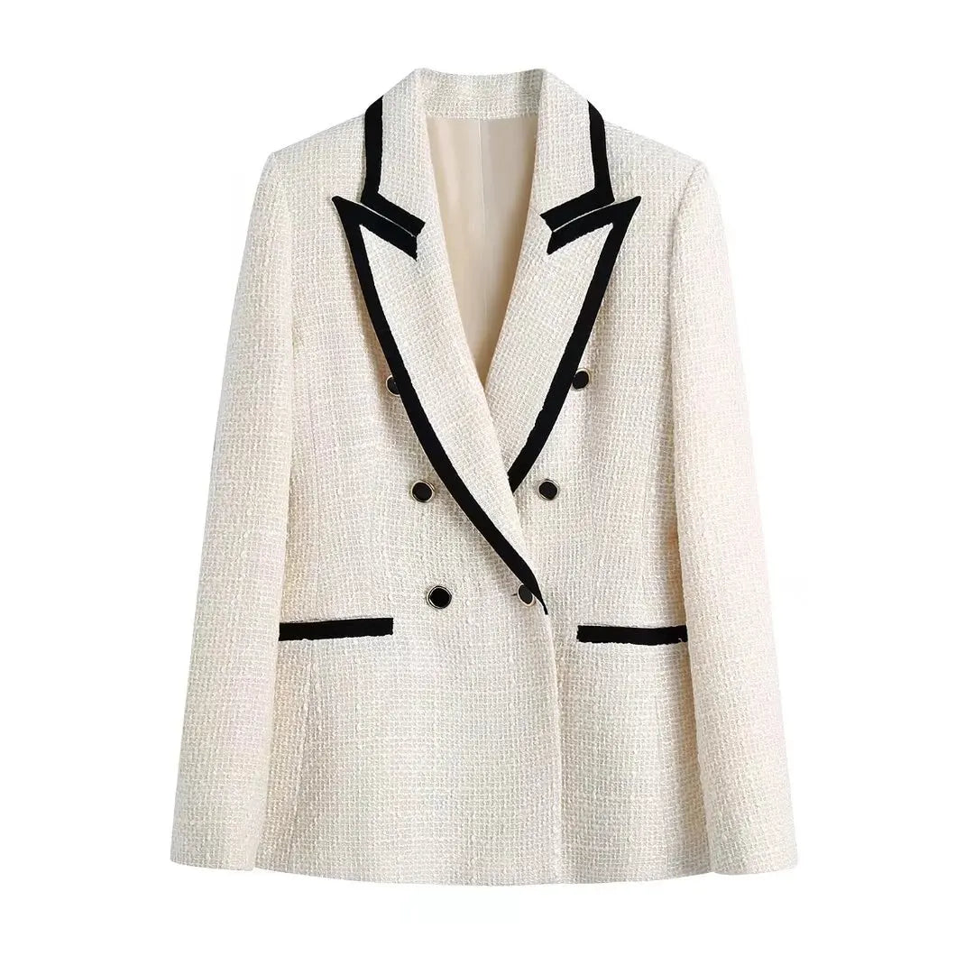 Elegant white tweed blazer with black contrast trim and double-breasted design by Vohran