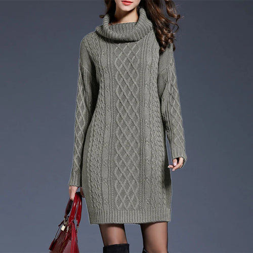 Elegant cable-knit turtleneck sweater dress with relaxed fit and soft winter texture by Vohran