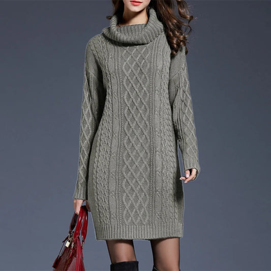Elegant cable-knit turtleneck sweater dress with relaxed fit and soft winter texture by Vohran