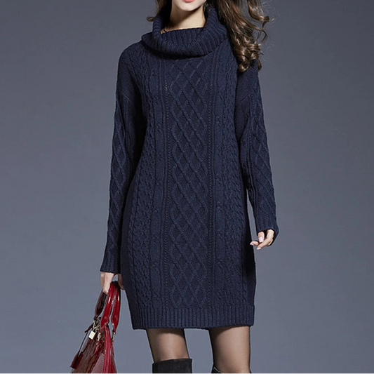 Elegant cable-knit turtleneck sweater dress with relaxed fit and soft winter texture by Vohran