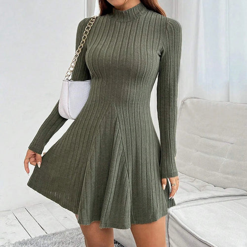 Elegant ribbed knit mock-neck flare dress with long sleeves and A-line silhouette by Vohran