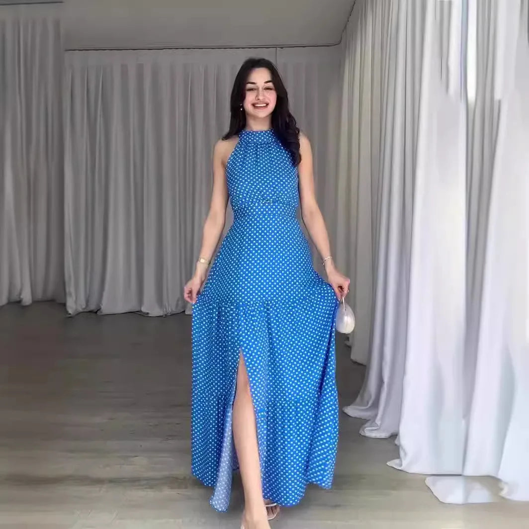 Halter neck maxi dress with side slit and polka dot print, available in multiple colours – Vohran.