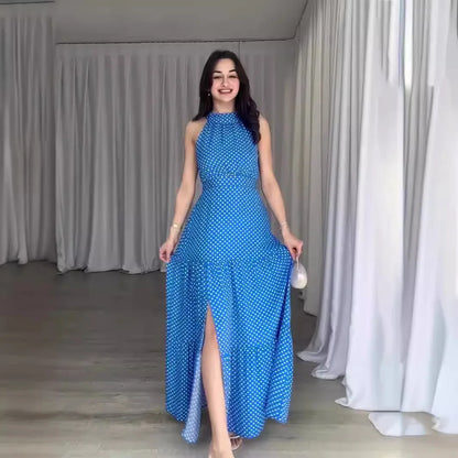Halter neck maxi dress with side slit and polka dot print, available in multiple colours – Vohran.