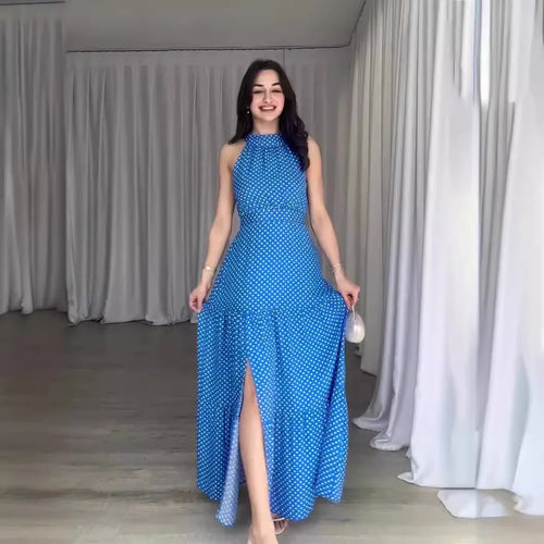 Halter neck maxi dress with side slit and polka dot print, available in multiple colours – Vohran.