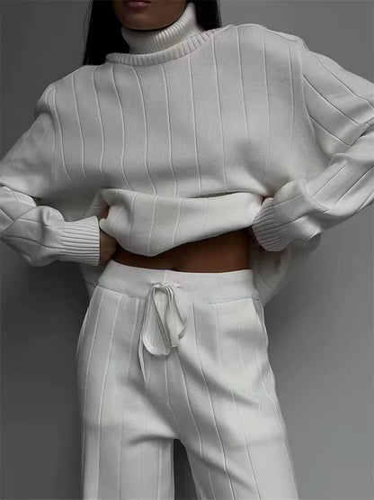 Knitted two-piece set with turtleneck sweater and straight-leg trousers