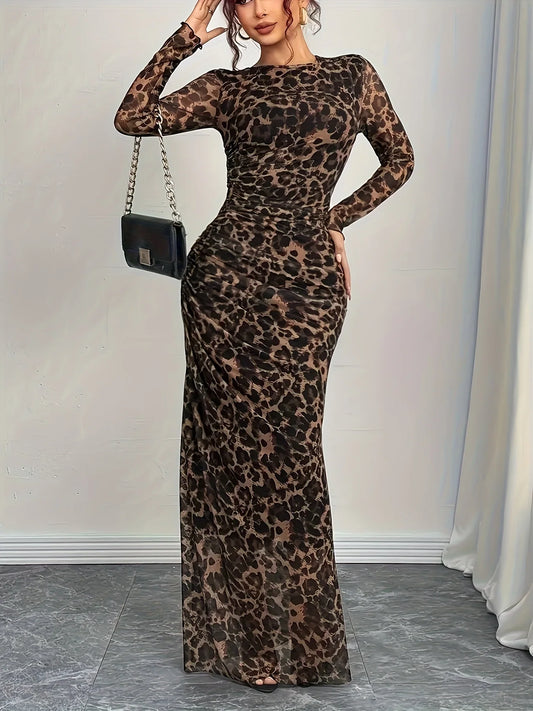 Elegant leopard print stretch tulle bodycon maxi dress with sheer long sleeves by Vohran
