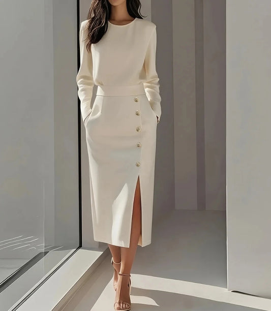 Elegant cream midi dress with gold side buttons and long sleeves by Vohran