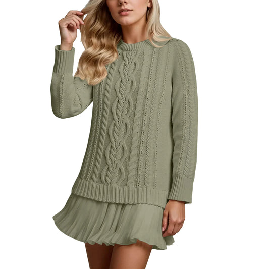 Round neck knitted mini dress with soft textured knit and flowing skirt