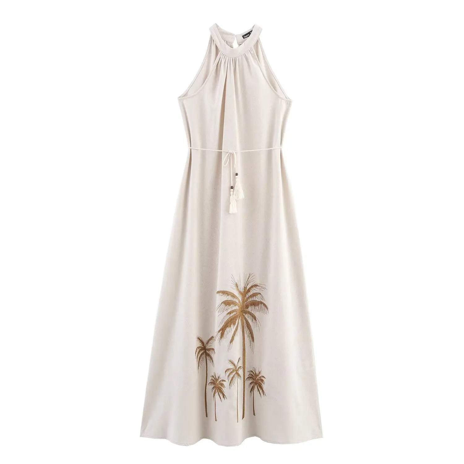 Sleeveless halter neck maxi dress with palm print, available in multiple colours – Vohran.