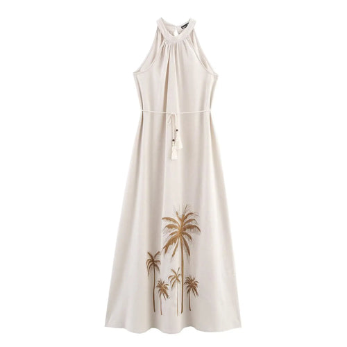 Sleeveless halter neck maxi dress with palm print, available in multiple colours – Vohran.