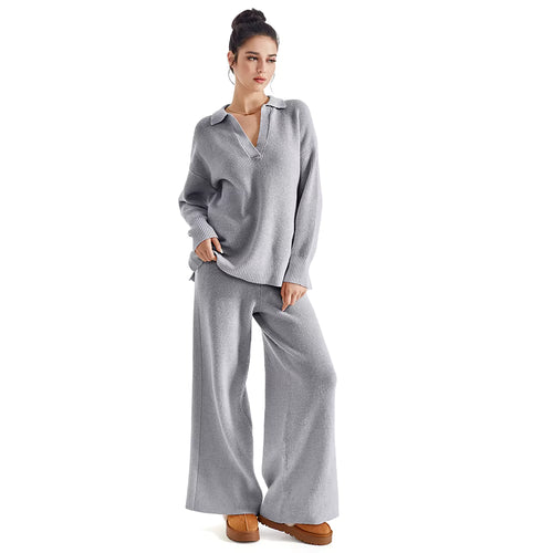 Soft knitted two-piece loungewear set with long-sleeve top and wide-leg trousers
