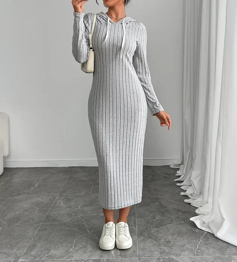 Slim ribbed knit hooded midi dress with long sleeves and modern fit by Vohran
