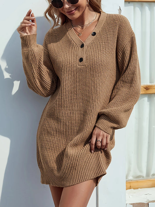 Knitted mini sweater dress with V-neckline, buttons and loose sleeves