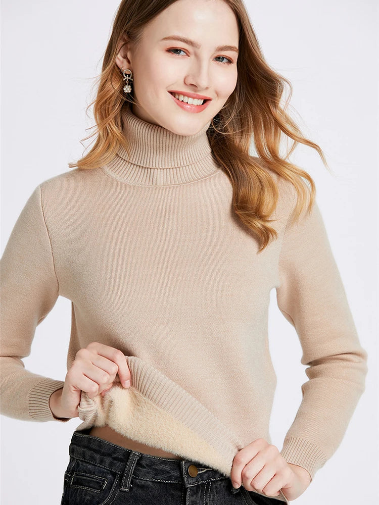 Velvet-lined turtleneck knitted sweater for women with warm interior