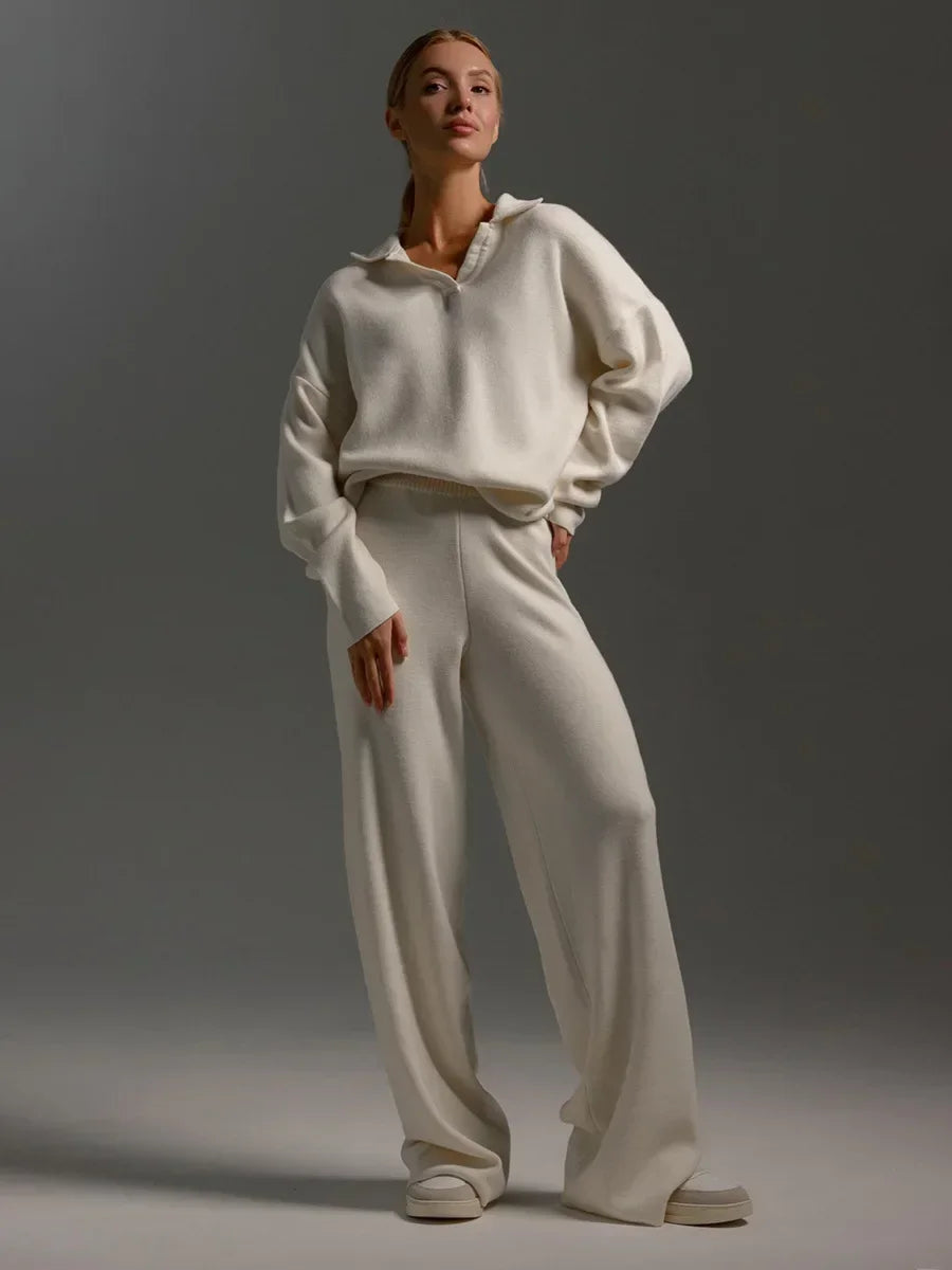 Knitted two-piece set with cashmere-feel polo neck sweater and wide-leg trousers